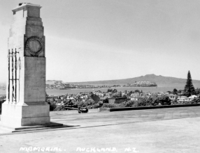 Auckland: The Cenotaph at the Auckland War Memorial Museum, looking north with Devonport and Rangitoto Island in the distance