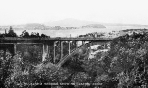 Auckland Harbour, Showing Grafton Bridge (built 1910)